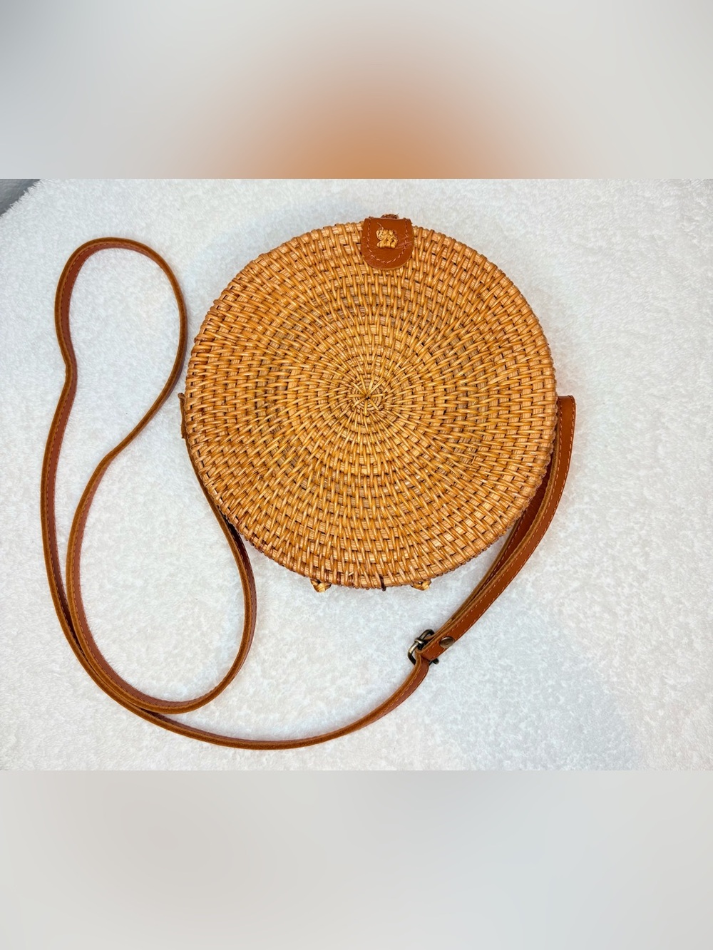 Tan Wicker Crossbody Bag with Blue and White Palms Interior